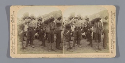 British soldiers drinking during the Battle of Paardeberg, South Africa