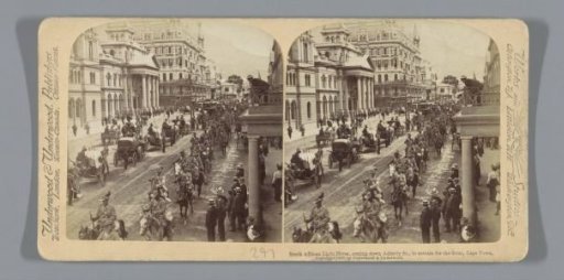 Troops riding through Adderly Street, Cape Town, on the way to the front