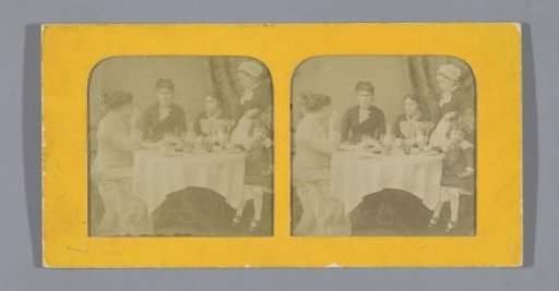 Three women with a child at a table, a servant serving