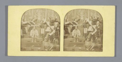 Freemason ritual: men cross swords above the head of another man