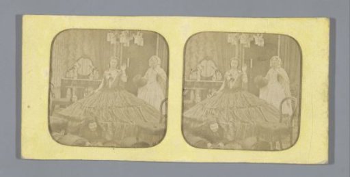 Man hiding under a woman's crinoline skirt