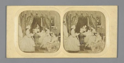 Man and four women around sick woman in bed