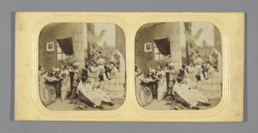 Scene with four women and romantic couples in a salon