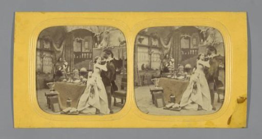 Scene from Faust: couple in a castle, in the background a musician