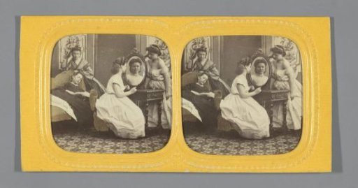 Four young women in a boudoir, one looking in a mirror