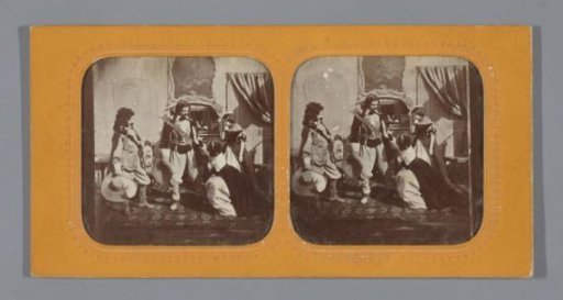 A company in historical costume with two weeping and imploring women