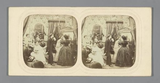 Hatmaker showing his hats to some women