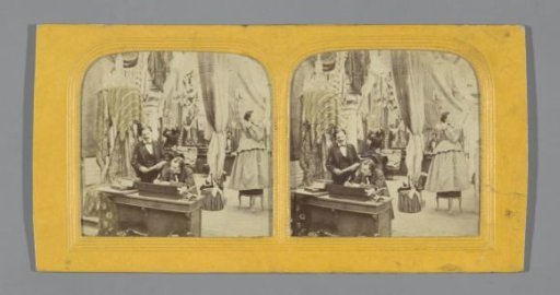 Scene in a department store, in the foreground two men behind a desk