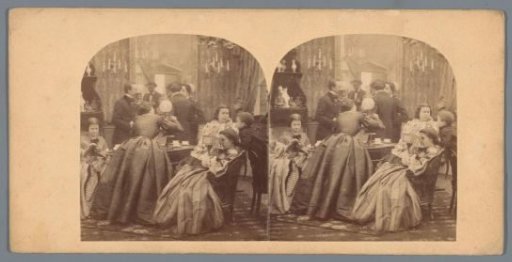 Group in a salon with a girl in the foreground looking at photographs through a stereoscope