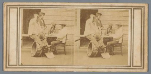 Four workmen at a table in front of a doorway