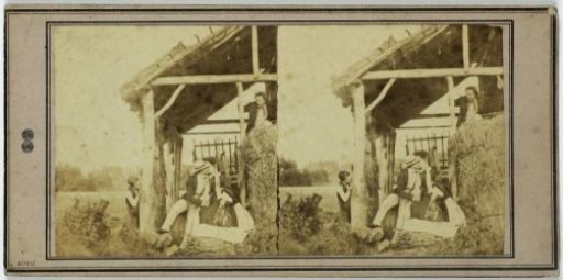 Two men spying on a kissing couple in a hayloft