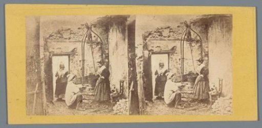Scene in a barn with a woman and a man at a well and a woman in the doorway
