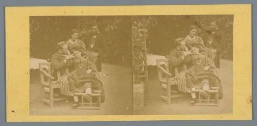 Man and a sleeping woman on a garden bench, another couple watching