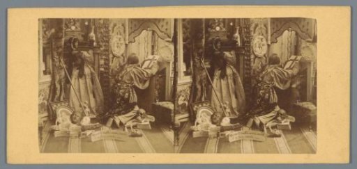 Theatrical arrangement of a man in Christian robes and a woman with attributes such as skulls and books