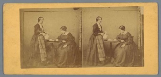 Woman seated at a table while a maid pours tea