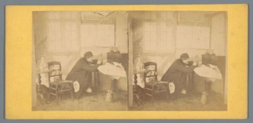 Theatrical representation of a thief stealing something and another person hiding behind a chair