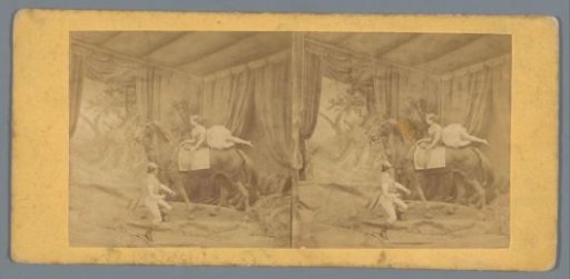 Staging of dolls in a setting, representing a rider and a woman lying sideways on a horse