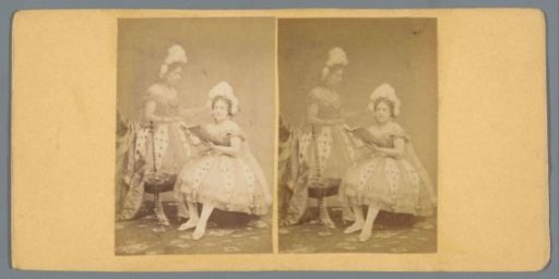 Reading woman in a costume with a vague apparition of a woman in the same costume behind her