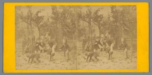 Staging of dolls in a setting, representing boys playing tag