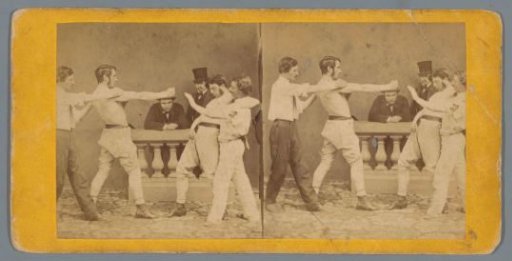 Theatrical performance of two fighting men with seconds and spectators