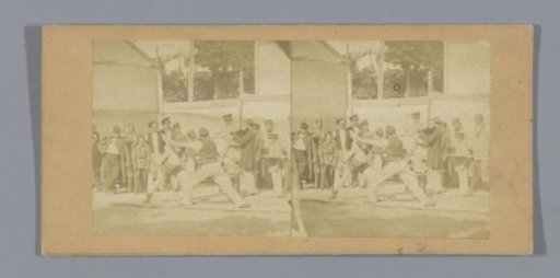 Staged fight between two men with a violinist and spectators behind them