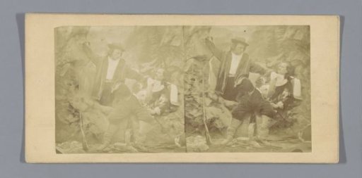 Theatrical performance of two fighting men in historical costumes