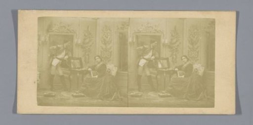 Theatrical performance of a woman behind a dressing table and a man leaning over it
