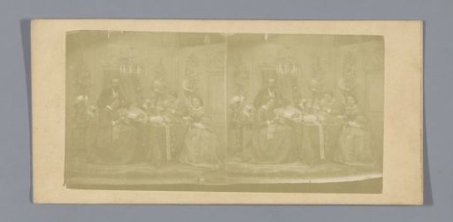 Seamstresses making hats around a table in a set