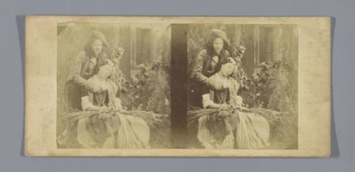 Theatrical performance of a man and woman in historical costumes, the man touches the woman's breast