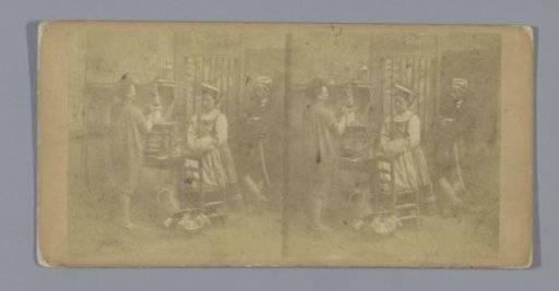 Theatrical performance of a sculptor in his studio making a sculpture of a woman present, with a man with a cap and a sword behind him