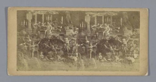 Staging of dolls in a set, representing the story of the Galop Infernal from Orphée aux Enfers by Jacques Offenbach