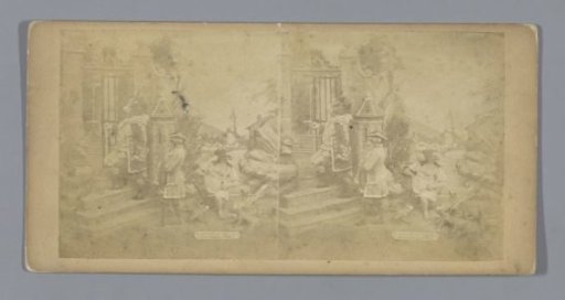 Staging of dolls in a set, representing three costumed animal figures at the gate of a castle