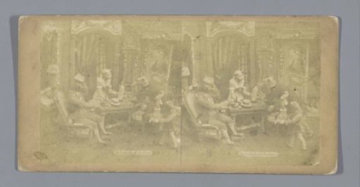 Staging of dolls in a set, representing the fable of the fox and the raven