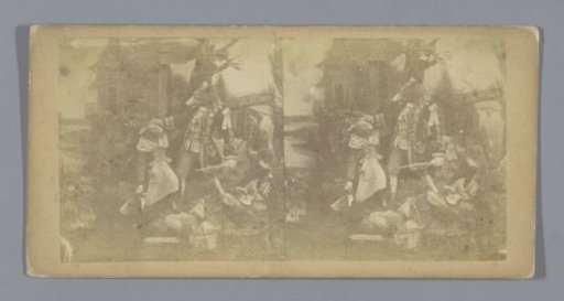 Staging of dolls in a set, representing the fable of the wolf and the lamb