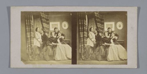 Man with two girls in the foreground, in the background a couple in love between curtains