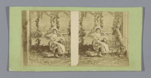 Theatrical performance of a woman with a basket in front of a set