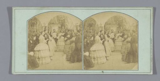 Dancing couples in a room with arches and chandeliers
