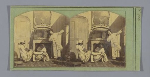 Theatrical performance of a Pierrot and two women in a sitting room