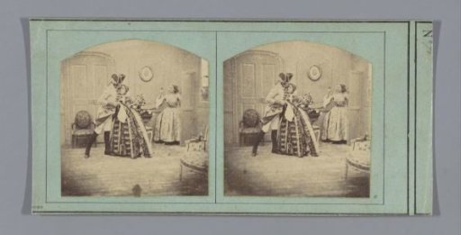 Theatrical performance of a woman entering a room where a couple in love in historical costumes stands embracing
