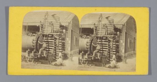 Workers building a structure of steel and wood
