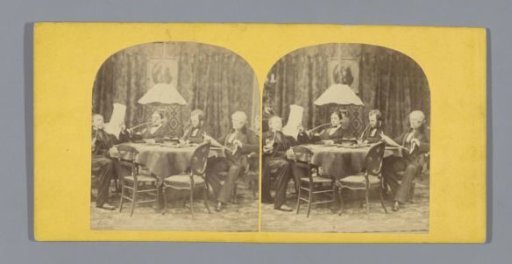 Gentlemen reading, writing and smoking pipes at a table