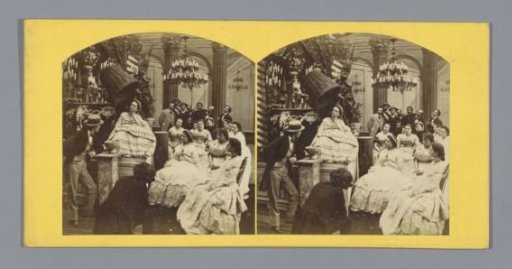 Magician making a woman appear in or out of a basket while spectators watch