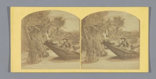Theatrical representation of a man and a woman in a boat in a set