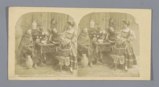 Theatrical representation of a woman bringing drink to monks playing cards