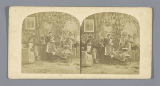 Theatrical representation of a man slipping a letter into the dress of a woman serving a sick man