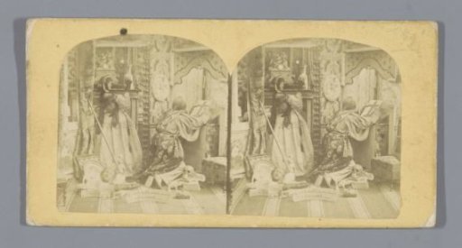 Theatrical arrangement of a man in a Christian robe and a woman with attributes such as skulls and books in front of them
