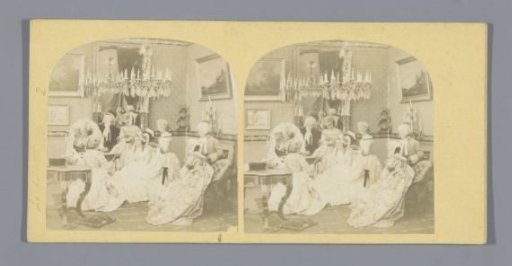 Group dressing and making up a lady