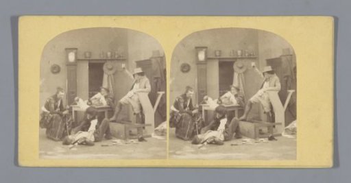 Theatrical representation of two fighting men and three spectators in a tavern