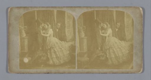 Couple taking leave while another man watches through the curtains