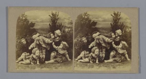 Staging with five dolls, representing children playing blind man's bluff